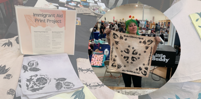 Project creator Jesse Sprocket Displays one of her print block bandanas aimed at bringing awareness to displaced populations of the world.